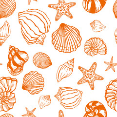 Seamless pattern with seashells and starfishes. Marine background.  Hand drawn vector illustration in sketch style. Perfect for greetings, invitations, coloring books, textile, wedding and web design.