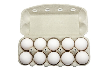 Chicken eggs in a tray isolated on white background