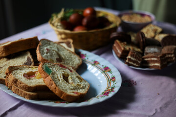 Traditional romanian food and cooking. Preparing dishes for Easter with grandmother.