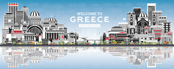 Welcome to Greece City Skyline with Gray Buildings, Blue Sky and Reflections.