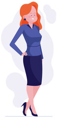 Fototapeta na wymiar Businesswoman with loose hair standing. Successful woman in suit and heels smiling flat illustration. Office staff concept for banner, website design or landing web page