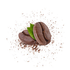Roasted coffee beans with coffee powder studio shot isolated on white background, Healthy products by organic natural ingredients concept