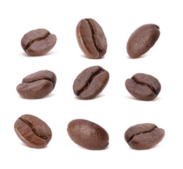 Roasted coffee beans studio shot isolated on white background, Healthy products by organic natural ingredients concept