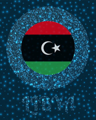 Round Libya badge. Flag of Libya in glowing network mesh style. Country network logo. Neat vector illustration.