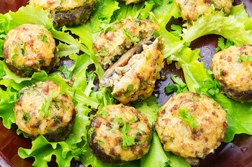 Mushrooms stuffed with minced meat.