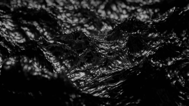 Black Oil Sludge Waves Background Video. Dark Silver Metallic Water Ripples In Seamless Looping Animation. Ominous Scary Deep Sea. Realistic Fluid Simulation.