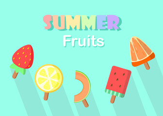 Summer fruits ice cream bar. Strawberry, Lemon, Melon, Watermelon, orange fruits bar with rainbow and white color text. For banner, template, postcard,card. Vector illutration.