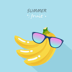 Bananas fruit icon isolate with sunglasses on blue color and shadow background, flat design for banner, template, fabric, packaging, invitations, wallpaper.