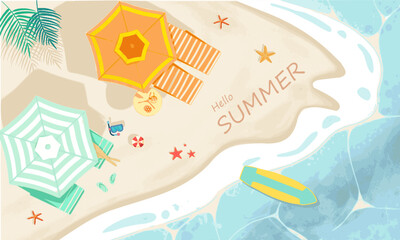 Summer vector. Beach with waves and mat,umbrellas,surfboard,ball,snorkel,fruit,cocktail and starfish on the beach palm leaf. Text design of Hello Summer draw on sand.