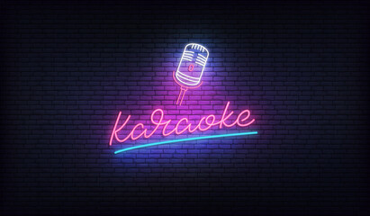 Karaoke neon sign. Neon label with microphone and Karaoke lettering