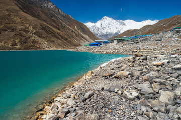Gokyo lake in front of Cho Oyu mountain peak, Everest base camp trekking route, Himalaya mountains range in Nepal