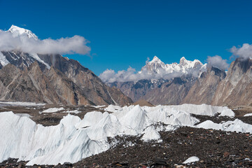 Baltoro glacier surrounded by Karakoram mountains range in K2 base camp trekking route, Gilgit Baltistan