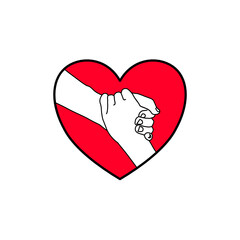 Two hand are holding together in the red heart shape. Harmonious , agreement, relationship, encourage, help, business, sharing and love concept. Illustration vector.