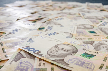 Obraz na płótnie Canvas Ukrainian hryvnia, new banknotes of 500 hryvnia. Financial background for 500 hryvnia. Money background