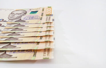 Ukrainian hryvnia, new banknotes of 500 hryvnia. Hryvnia (UAH.) Close up. Financial background. Money background.