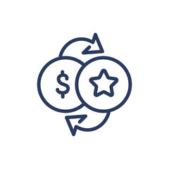 Bonus for purchase thin line icon. Cash and star exchange, reward for spending money isolated outline sign. Loyalty program concept. Vector illustration symbol element for web design and apps