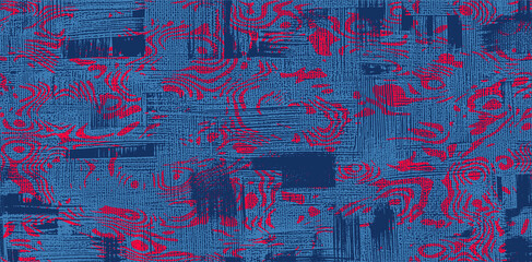Dark blue canvas and red pattern. Rough strokes on jeans material. Abstract painting, cross hatching texture, grungy vector background