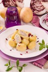Potato gnocchi stuffed with radicchio and ricotta.
