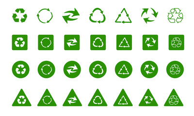 Obraz premium Recycling symbol of ecologically pure funds. Set of arrows. Green vector collection.