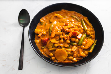 plant-based food, vegan chickpea curries with stir fry vegetables