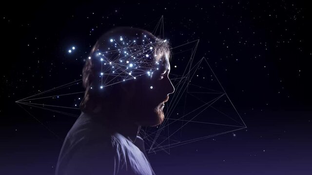 Profile of bearded man with symbol neurons in brain. Thinking like stars, the cosmos inside human, background shining star