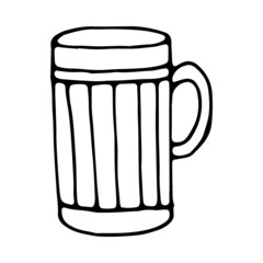 Vector illustration of beer mug. Black outlines isolated on white background. Doodle style. Design for greeting cards, gifts, wrapping paper, kitchen design, cafe restaurant or bar design etc.