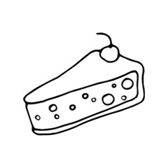 Hand drawn vector cute cake piece. Doodle style. Black outline isolated on white. Design for greeting cards, scrapbooking, textile, wrapping paper, cafe or restaurant menu, food infographic.