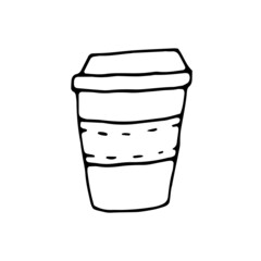 Hand drawn vector cute coffee mug. Doodle style. Black outline isolated on white. Design for greeting cards, scrapbooking, textile, wrapping paper, cafe or restaurant menu, food infographic.