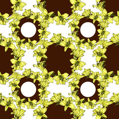 Creative composition with the image of garden flowers. Wreaths of yellow lilies. Abstraction, the theme of summer. Pattern for printing on paper or fabric. Seamless pattern.