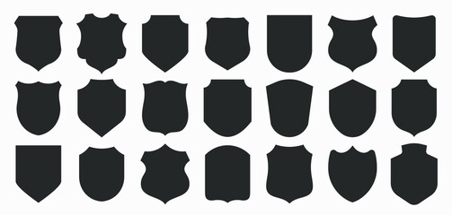 Big shields collection. Black silhouette shield shape, black label. Vintage or retro shields set. Vector illustration.
