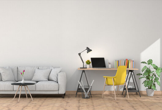 3D rendering of interior modern living room workspace with sofa, desk, laptop computer