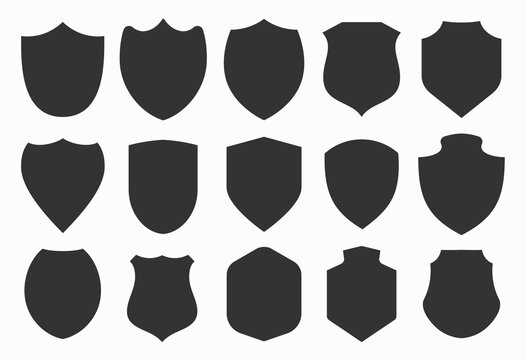 Big shields collection. Black silhouette shield shape, black label. Vintage or retro shields set. Clip-art illustration.