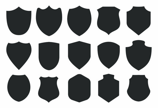 Big shields collection. Black silhouette shield shape, black label. Vintage or retro shields set. Vector illustration.