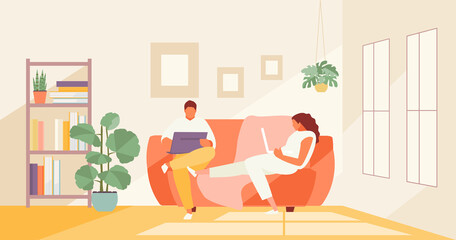 People couple people work at home. Remote work and freelance vector illustration