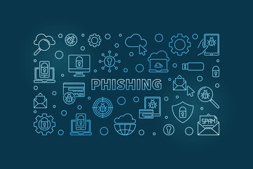 Phishing vector concept linear blue modern horizontal illustration or banner on dark background