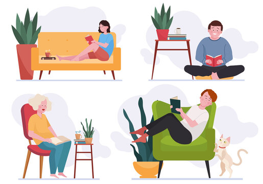 People reading books at home. Students studying textbooks flat illustration. Knowledge, leisure, reader, literature concept for banner, website design or landing web page