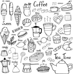 Hand drawn vector set of cute dessert elements. Doodle style. Black outlines isolated on white. Design for greeting cards, scrapbooking, textile, wrapping paper, cafe or restaurant menu, invitations.