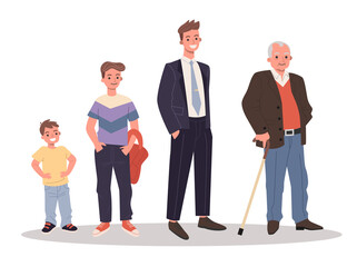 Men of different ages set. Child, teenage, adult, senior flat illustration. Generation, demography, family concept for banner, website design or landing web page