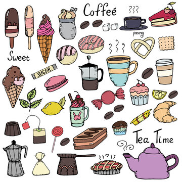 Hand drawn vector set of cute dessert elements. Doodle style. Colorful images isolated on white. Design for greeting cards, scrapbooking, textile, wrapping paper, cafe or restaurant menu, invitations.
