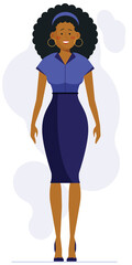 Smiling young African American woman. Office worker, assistant, curly hair flat illustration. Female employee, ethnicity, fashion concept for banner, website design or landing web page