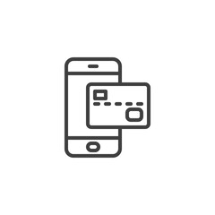 Obraz premium Mobile banking line icon. linear style sign for mobile concept and web design. Cellphone and credit card outline vector icon. Mobile payment symbol, logo illustration. Vector graphics