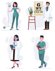 Hospital staff set. Medical nurse, ophthalmologist, physician, doctor flat illustration. Medicine, occupation, healthcare concept for banner, website design or landing web page