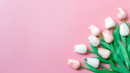 Obraz na płótnie Canvas Peach color tulip on pink background, Copy space for text