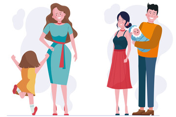 Parents walking with children set. Couple with baby, mother with daughter flat illustration. Parenthood, family, leisure concept for banner, website design or landing web page