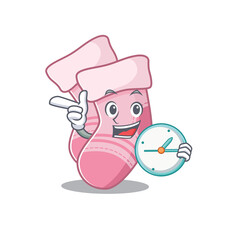 mascot design style of baby socks standing with holding a clock