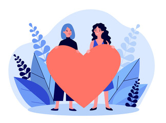 Cheerful female gay couple holding red heart. Homosexual women, LGBT, lesbian flat vector illustration. Relationship, love, marriage concept for banner, website design or landing web page