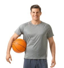 Obraz premium Sporty young man with ball on white background