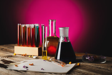 Different potions on alchemist's table