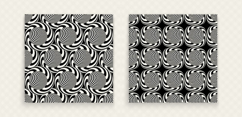 Black and white striped background. Pattern with optical illusion. Simple graphic design. 3d vector illustration.