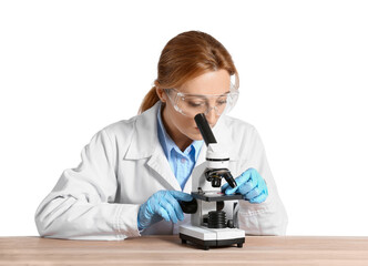 Scientist working with microscope against white background